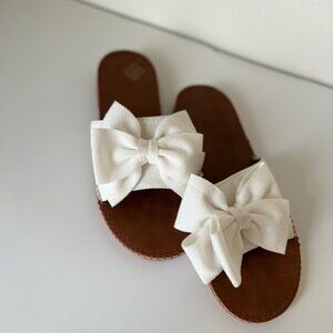 White Bow Slide Sandals – Brown Footbed | Cute Summer Flats